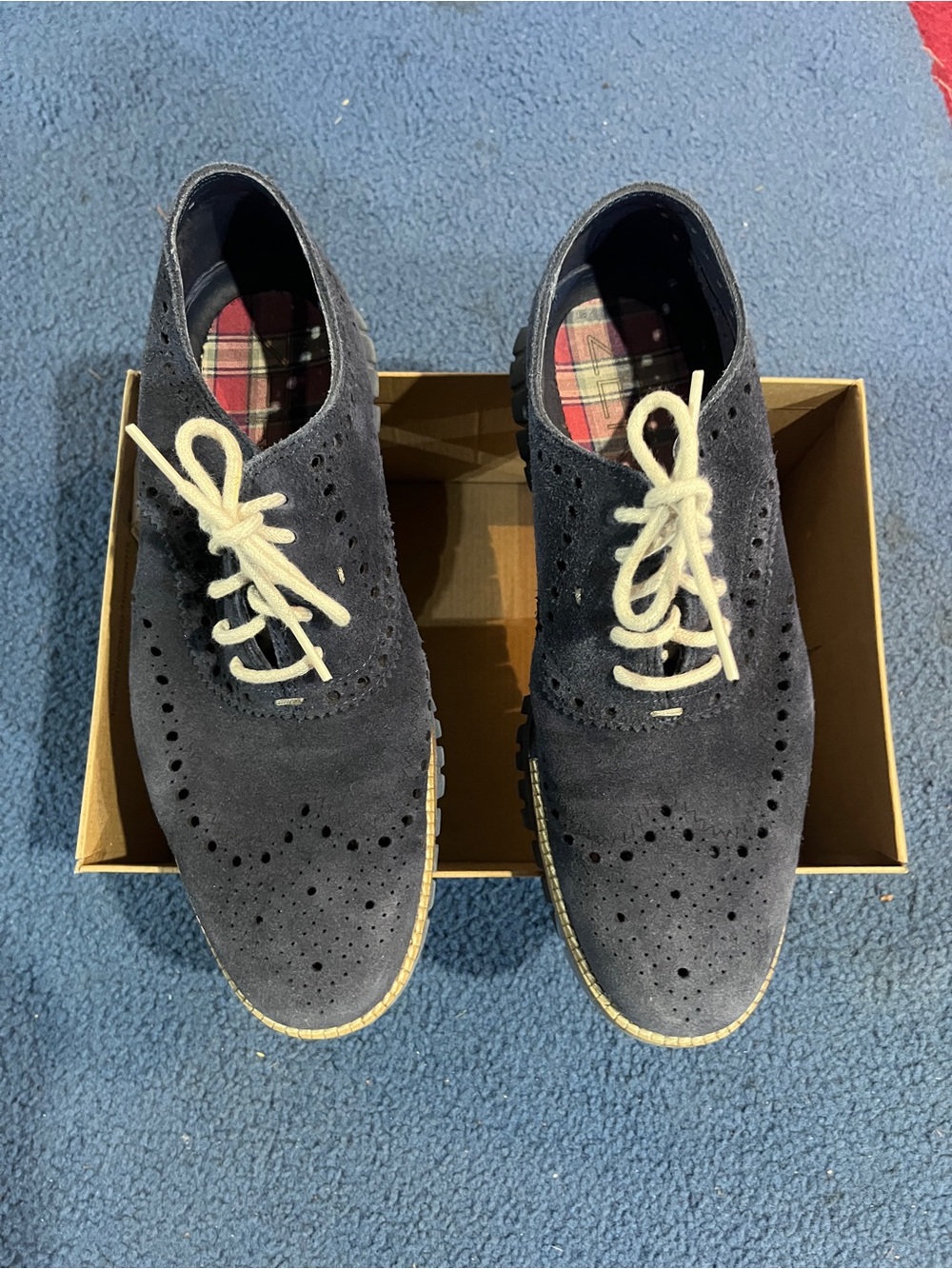 Cole Haan Navy Suede Wingtip Oxfords with Cream Laces